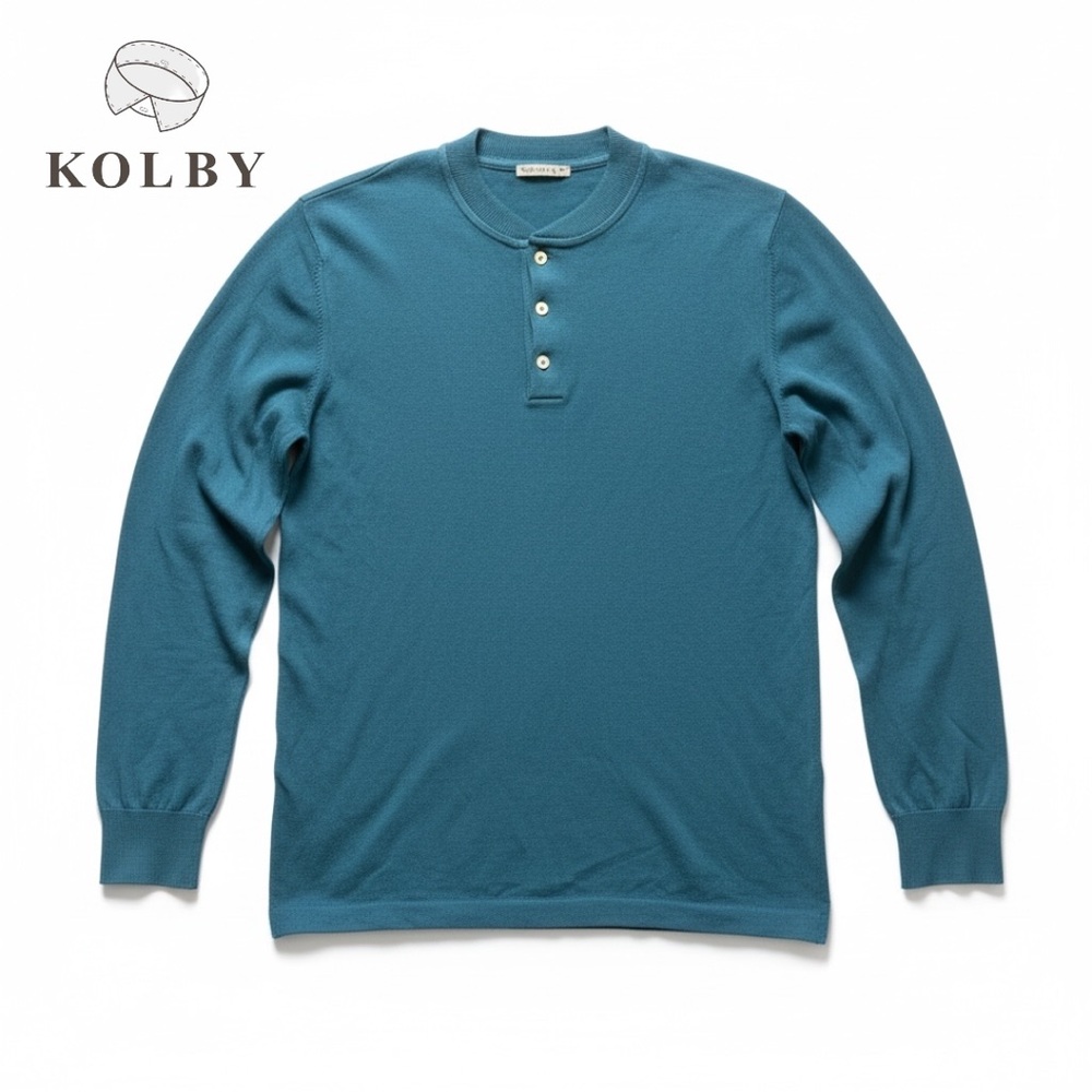 Kolby Roma Ms Teal Fine Italian Cotton Crepe Knitwear Turquoise Henley | Size XL